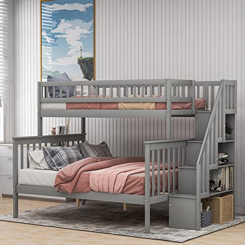 Lostcat Stairway Twin Over Full Bunk Bed with Storage Staircase,Solid Wood Bunkbeds with Safety Guardrails,for Teens, Kids,No Box Spring Needed,Grey - Lostcat