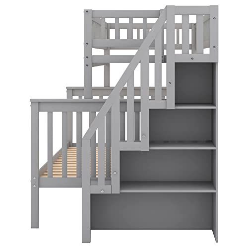 Lostcat Stairway Twin Over Full Bunk Bed with Storage Staircase,Solid Wood Bunkbeds with Safety Guardrails,for Teens, Kids,No Box Spring Needed,Grey - Lostcat