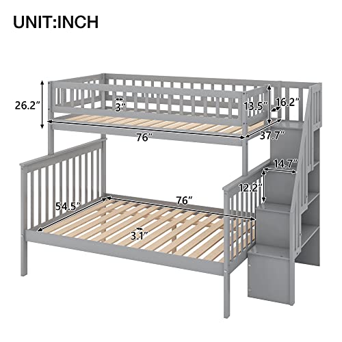 Lostcat Stairway Twin Over Full Bunk Bed with Storage Staircase,Solid Wood Bunkbeds with Safety Guardrails,for Teens, Kids,No Box Spring Needed,Grey - Lostcat