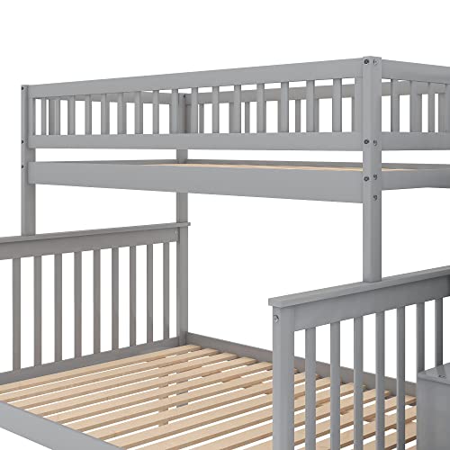 Lostcat Stairway Twin Over Full Bunk Bed with Storage Staircase,Solid Wood Bunkbeds with Safety Guardrails,for Teens, Kids,No Box Spring Needed,Grey - Lostcat