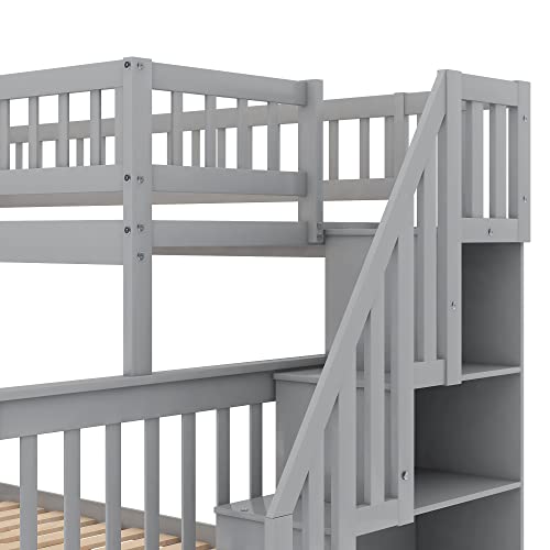 Lostcat Stairway Twin Over Full Bunk Bed with Storage Staircase,Solid Wood Bunkbeds with Safety Guardrails,for Teens, Kids,No Box Spring Needed,Grey - Lostcat