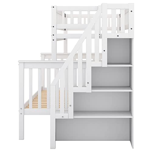 Lostcat Stairway Twin Over Full Bunk Bed with Storage Staircase,Solid Wood Bunkbeds with Safety Guardrails,for Teens, Kids,No Box Spring Needed,White - Lostcat