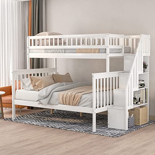 Lostcat Stairway Twin Over Full Bunk Bed with Storage Staircase,Solid Wood Bunkbeds with Safety Guardrails,for Teens, Kids,No Box Spring Needed,White - Lostcat