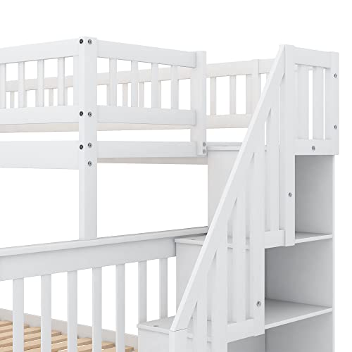 Lostcat Stairway Twin Over Full Bunk Bed with Storage Staircase,Solid Wood Bunkbeds with Safety Guardrails,for Teens, Kids,No Box Spring Needed,White - Lostcat