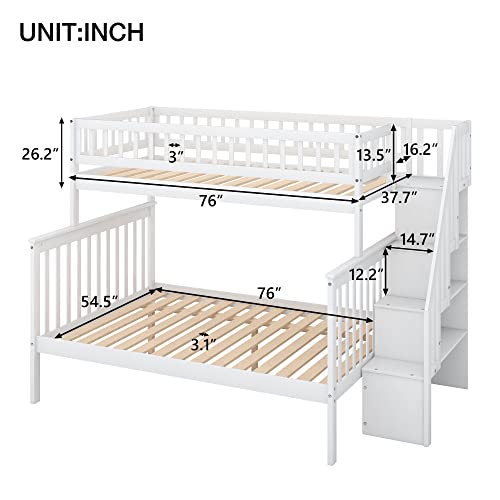 Lostcat Stairway Twin Over Full Bunk Bed with Storage Staircase,Solid Wood Bunkbeds with Safety Guardrails,for Teens, Kids,No Box Spring Needed,White - Lostcat