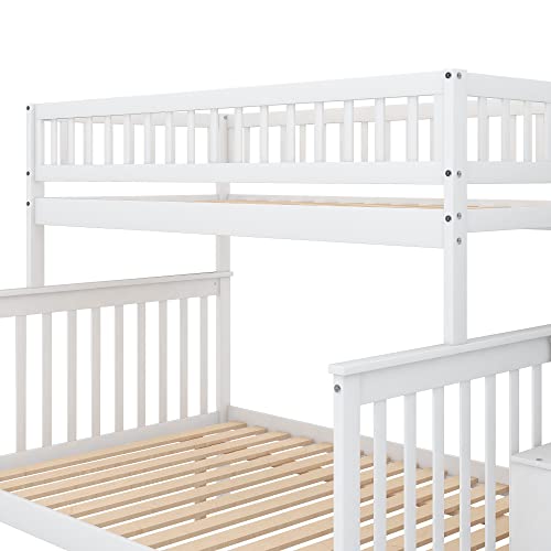 Lostcat Stairway Twin Over Full Bunk Bed with Storage Staircase,Solid Wood Bunkbeds with Safety Guardrails,for Teens, Kids,No Box Spring Needed,White - Lostcat