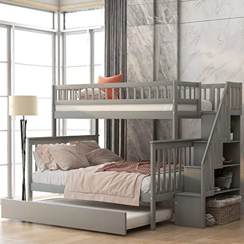 Lostcat Stairway Twin Over Full Bunk Bed with Trundle & Storage Staircase,Solid Wood Bunkbeds with Safety Guardrails,for Teens, Kids,No Box Spring Needed,Gray - Lostcat