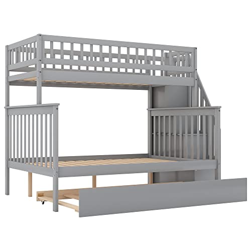 Lostcat Stairway Twin Over Full Bunk Bed with Trundle & Storage Staircase,Solid Wood Bunkbeds with Safety Guardrails,for Teens, Kids,No Box Spring Needed,Gray - Lostcat