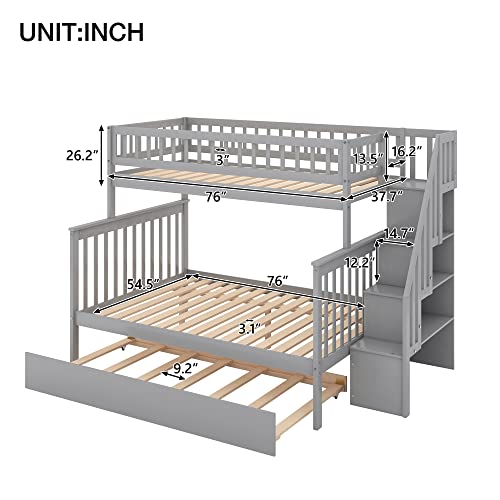 Lostcat Stairway Twin Over Full Bunk Bed with Trundle & Storage Staircase,Solid Wood Bunkbeds with Safety Guardrails,for Teens, Kids,No Box Spring Needed,Gray - Lostcat