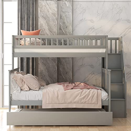 Lostcat Stairway Twin Over Full Bunk Bed with Trundle & Storage Staircase,Solid Wood Bunkbeds with Safety Guardrails,for Teens, Kids,No Box Spring Needed,Gray - Lostcat