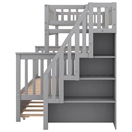 Lostcat Stairway Twin Over Full Bunk Bed with Trundle & Storage Staircase,Solid Wood Bunkbeds with Safety Guardrails,for Teens, Kids,No Box Spring Needed,Gray - Lostcat
