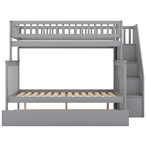 Lostcat Stairway Twin Over Full Bunk Bed with Trundle & Storage Staircase,Solid Wood Bunkbeds with Safety Guardrails,for Teens, Kids,No Box Spring Needed,Gray - Lostcat