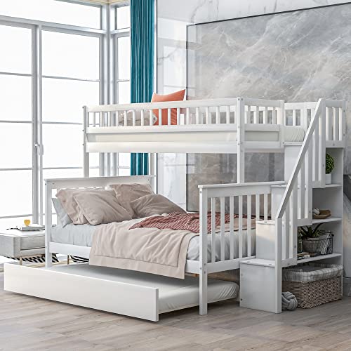 Lostcat Stairway Twin Over Full Bunk Bed with Trundle & Storage Staircase,Solid Wood Bunkbeds with Safety Guardrails,for Teens, Kids,No Box Spring Needed,White - Lostcat