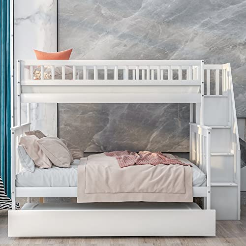 Lostcat Stairway Twin Over Full Bunk Bed with Trundle & Storage Staircase,Solid Wood Bunkbeds with Safety Guardrails,for Teens, Kids,No Box Spring Needed,White - Lostcat