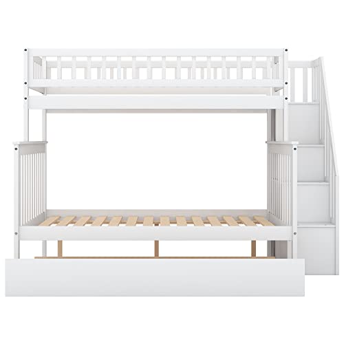 Lostcat Stairway Twin Over Full Bunk Bed with Trundle & Storage Staircase,Solid Wood Bunkbeds with Safety Guardrails,for Teens, Kids,No Box Spring Needed,White - Lostcat