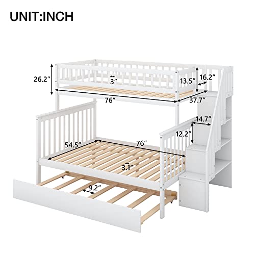 Lostcat Stairway Twin Over Full Bunk Bed with Trundle & Storage Staircase,Solid Wood Bunkbeds with Safety Guardrails,for Teens, Kids,No Box Spring Needed,White - Lostcat