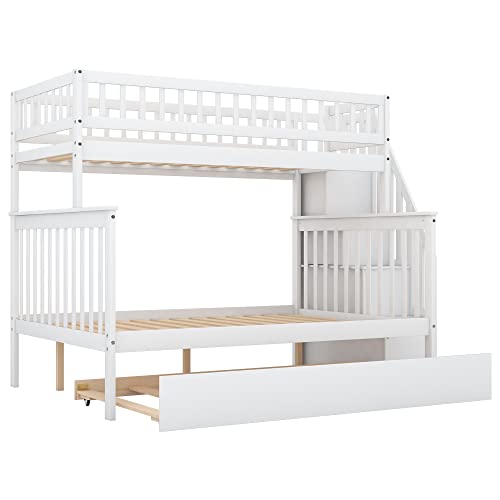 Lostcat Stairway Twin Over Full Bunk Bed with Trundle & Storage Staircase,Solid Wood Bunkbeds with Safety Guardrails,for Teens, Kids,No Box Spring Needed,White - Lostcat