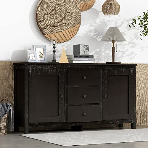 Lostcat Storage Cabinet, 64" Solid Wood Buffet Cabinet with 2 Storage Cabinets, 3 Drawers and Adjustable Shelves, Retro Sideboard for Dining Room, Living Room and Bedroom, Espresso - Lostcat