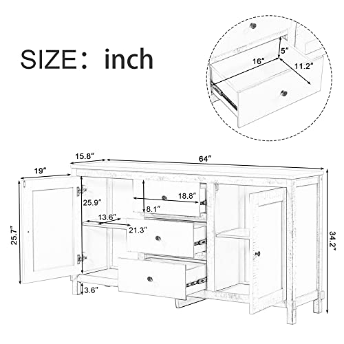 Lostcat Storage Cabinet, 64" Solid Wood Buffet Cabinet with 2 Storage Cabinets, 3 Drawers and Adjustable Shelves, Retro Sideboard for Dining Room, Living Room and Bedroom, Espresso - Lostcat