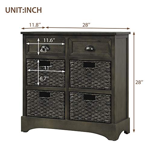 Lostcat Storage Cabinet, Utility Storage Cabinet,with 2 Drawers and 4 Rattan Baskets,Acacia Wood Frame with MDF Panels, for Home Kitchen Entryway Living Room(Brown Gray) - Lostcat