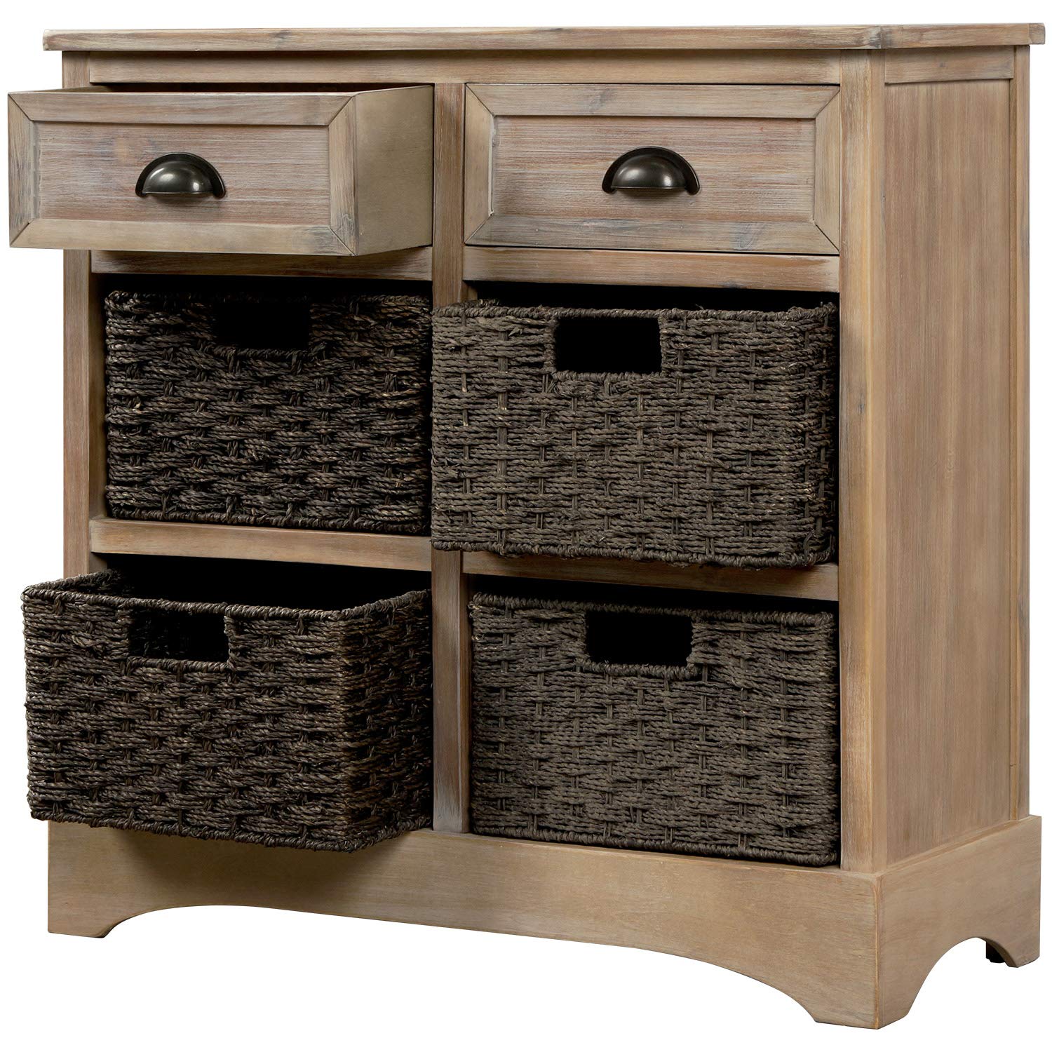 Lostcat Storage Cabinet, Utility Storage Cabinet,with 2 Drawers and 4 Rattan Baskets,Acacia Wood Frame with MDF Panels, for Home Kitchen Entryway Living Room(White Washed) - Lostcat