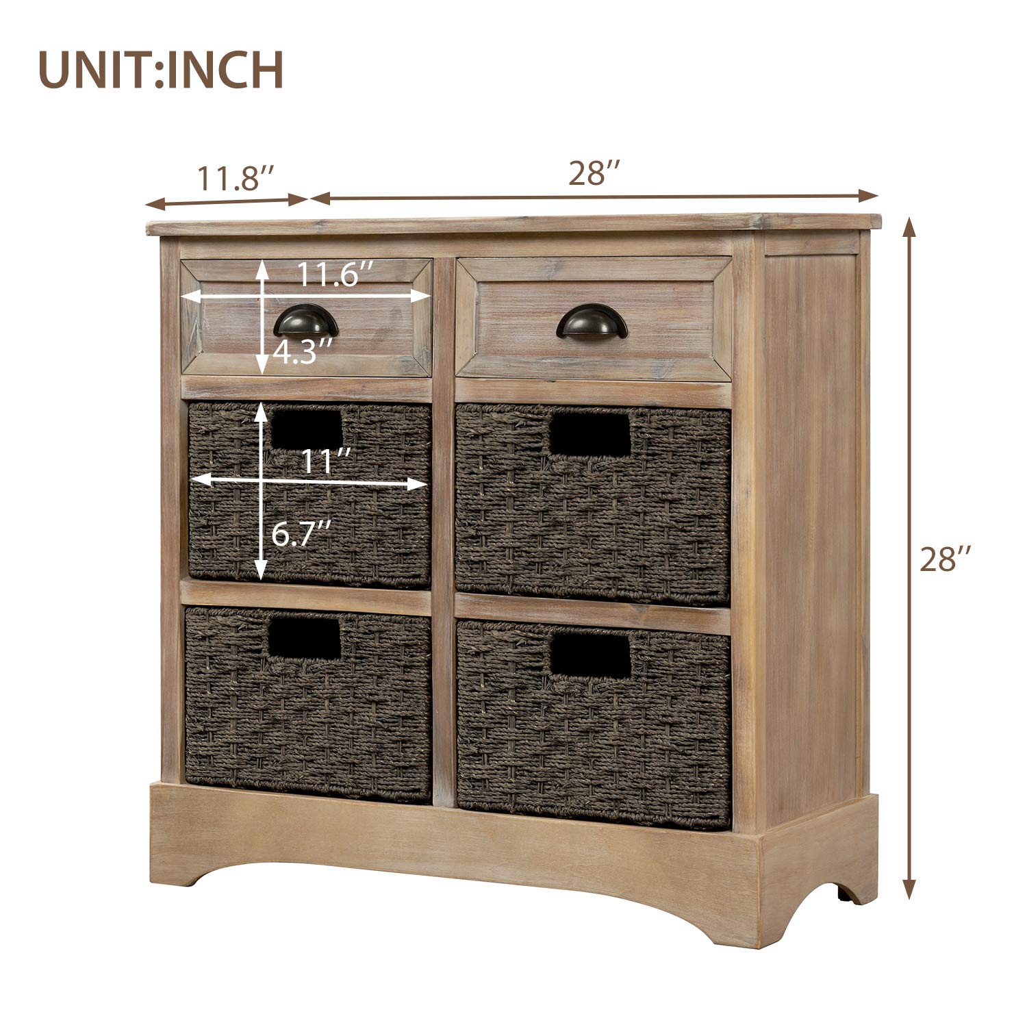 Lostcat Storage Cabinet, Utility Storage Cabinet,with 2 Drawers and 4 Rattan Baskets,Acacia Wood Frame with MDF Panels, for Home Kitchen Entryway Living Room(White Washed) - Lostcat