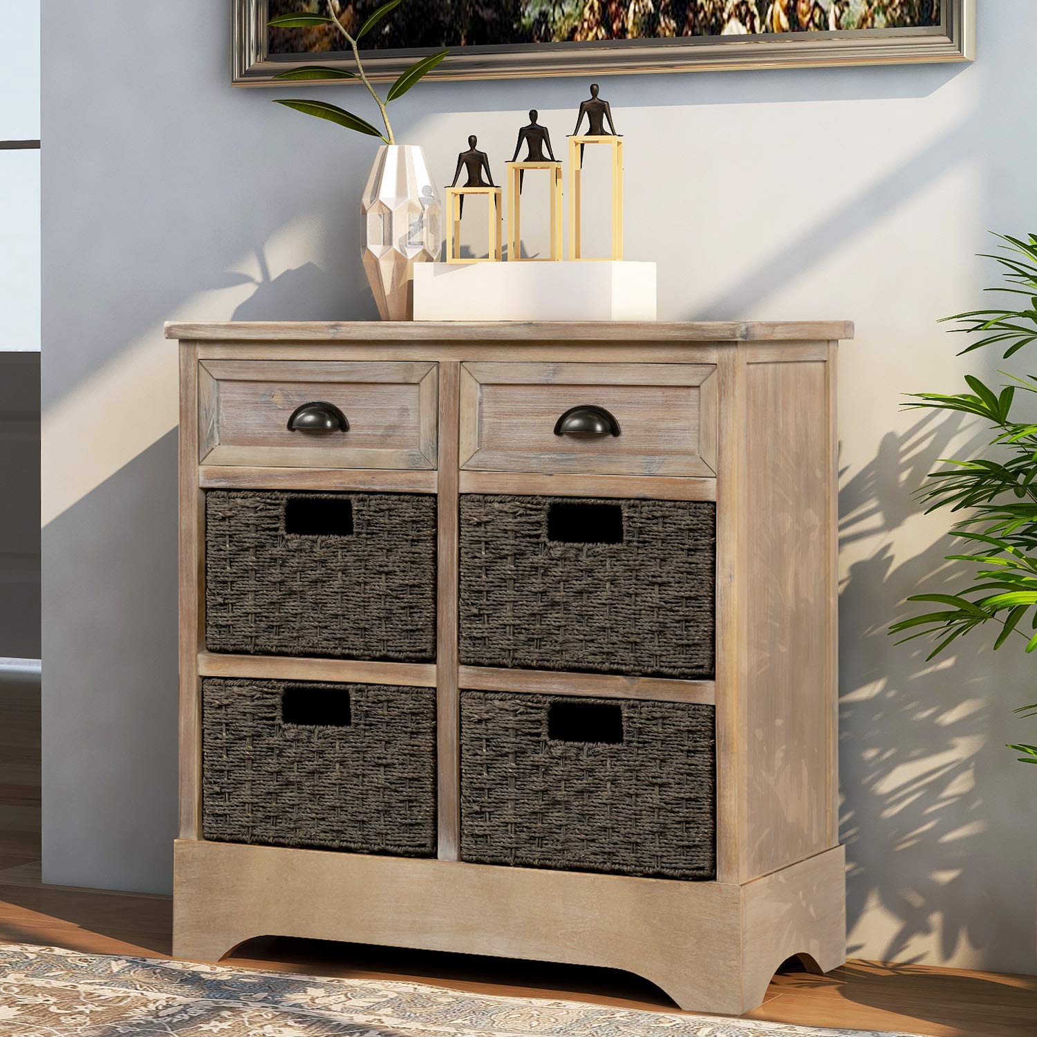 Lostcat Storage Cabinet, Utility Storage Cabinet,with 2 Drawers and 4 Rattan Baskets,Acacia Wood Frame with MDF Panels, for Home Kitchen Entryway Living Room(White Washed) - Lostcat