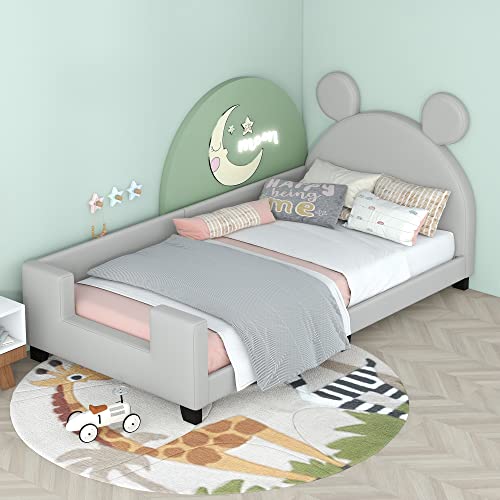 Lostcat Teddy Fleece Twin Size Upholstered Daybed with Carton Ears Shaped Headboard, Wood Low Floor Platform Bed with Slat Supports, Headboard and Footboard for Kids, Child's Bedroom, Grey - Lostcat