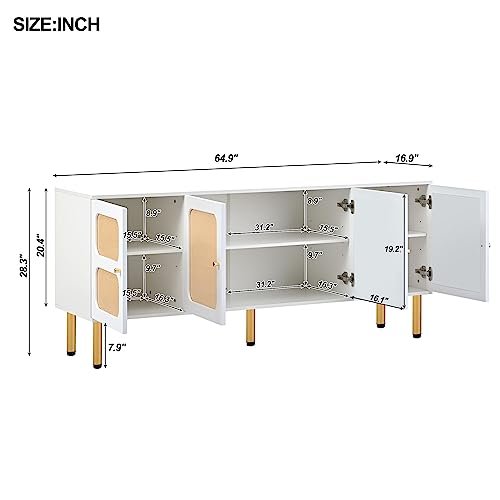Lostcat TV Stand, 65 Inch TV Console with Rattan Door and Gold Metal Base for TVs Up to 70'', Boho Style Entertainment Center with Ample Storage Space for Living Room, White - Lostcat