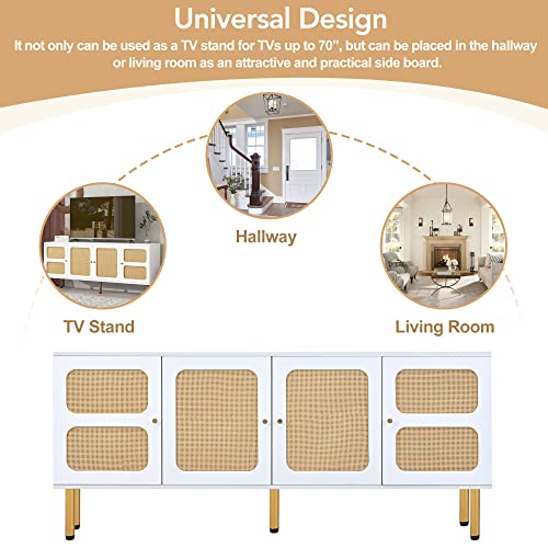 Lostcat TV Stand, 65 Inch TV Console with Rattan Door and Gold Metal Base for TVs Up to 70'', Boho Style Entertainment Center with Ample Storage Space for Living Room, White - Lostcat
