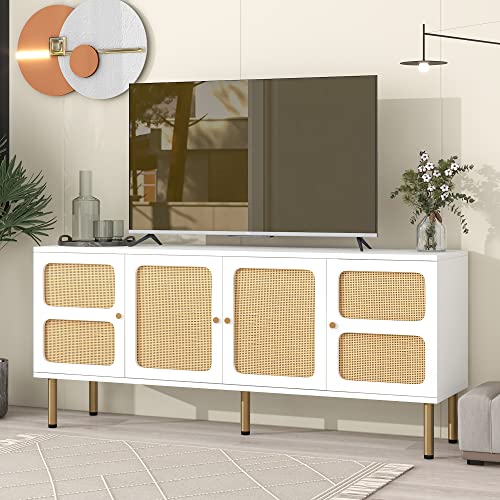 Lostcat TV Stand, 65 Inch TV Console with Rattan Door and Gold Metal Base for TVs Up to 70'', Boho Style Entertainment Center with Ample Storage Space for Living Room, White - Lostcat