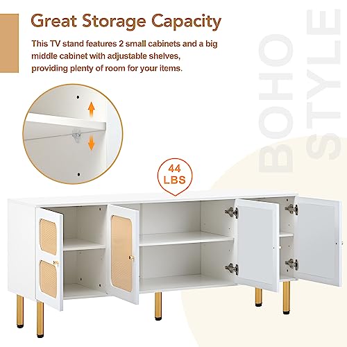 Lostcat TV Stand, 65 Inch TV Console with Rattan Door and Gold Metal Base for TVs Up to 70'', Boho Style Entertainment Center with Ample Storage Space for Living Room, White - Lostcat