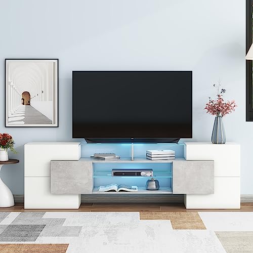 Lostcat TV Stand for TVs Up to 80", Unique Shape TV Console with 2 Illuminated Glass Shelves and LED Color Changing Lights, High Gloss Entertainment Center for Living Room, White+Grey - Lostcat