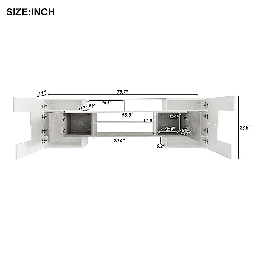 Lostcat TV Stand for TVs Up to 80", Unique Shape TV Console with 2 Illuminated Glass Shelves and LED Color Changing Lights, High Gloss Entertainment Center for Living Room, White+Grey - Lostcat