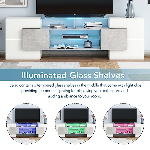 Lostcat TV Stand for TVs Up to 80", Unique Shape TV Console with 2 Illuminated Glass Shelves and LED Color Changing Lights, High Gloss Entertainment Center for Living Room, White+Grey - Lostcat