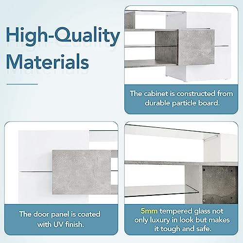 Lostcat TV Stand for TVs Up to 80", Unique Shape TV Console with 2 Illuminated Glass Shelves and LED Color Changing Lights, High Gloss Entertainment Center for Living Room, White+Grey - Lostcat