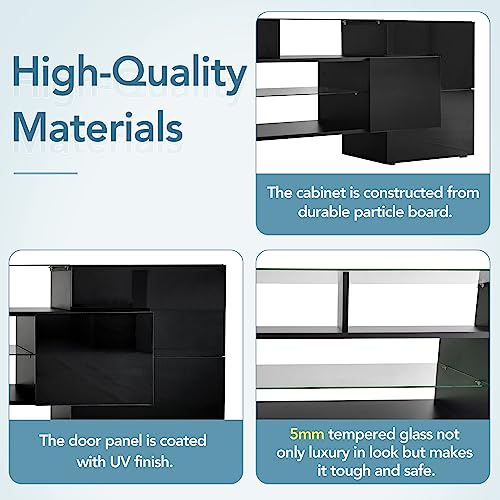 Lostcat TV Stand for TVs Up to 80", Unique Shape TV Console with 2 Illuminated Glass Shelves and LED Color Changing Lights, High Gloss Entertainment Center for Living Room, Black - Lostcat