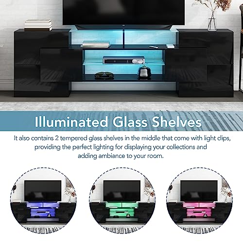 Lostcat TV Stand for TVs Up to 80", Unique Shape TV Console with 2 Illuminated Glass Shelves and LED Color Changing Lights, High Gloss Entertainment Center for Living Room, Black - Lostcat