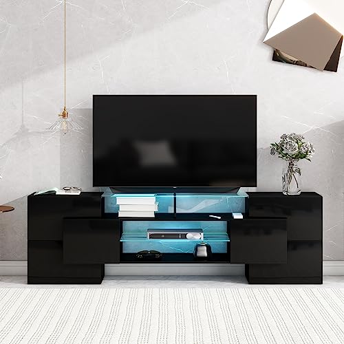 Lostcat TV Stand for TVs Up to 80", Unique Shape TV Console with 2 Illuminated Glass Shelves and LED Color Changing Lights, High Gloss Entertainment Center for Living Room, Black - Lostcat