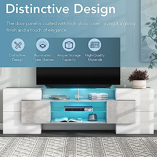 Lostcat TV Stand for TVs Up to 80", Unique Shape TV Console with 2 Illuminated Glass Shelves and LED Color Changing Lights, High Gloss Entertainment Center for Living Room, White+Grey - Lostcat