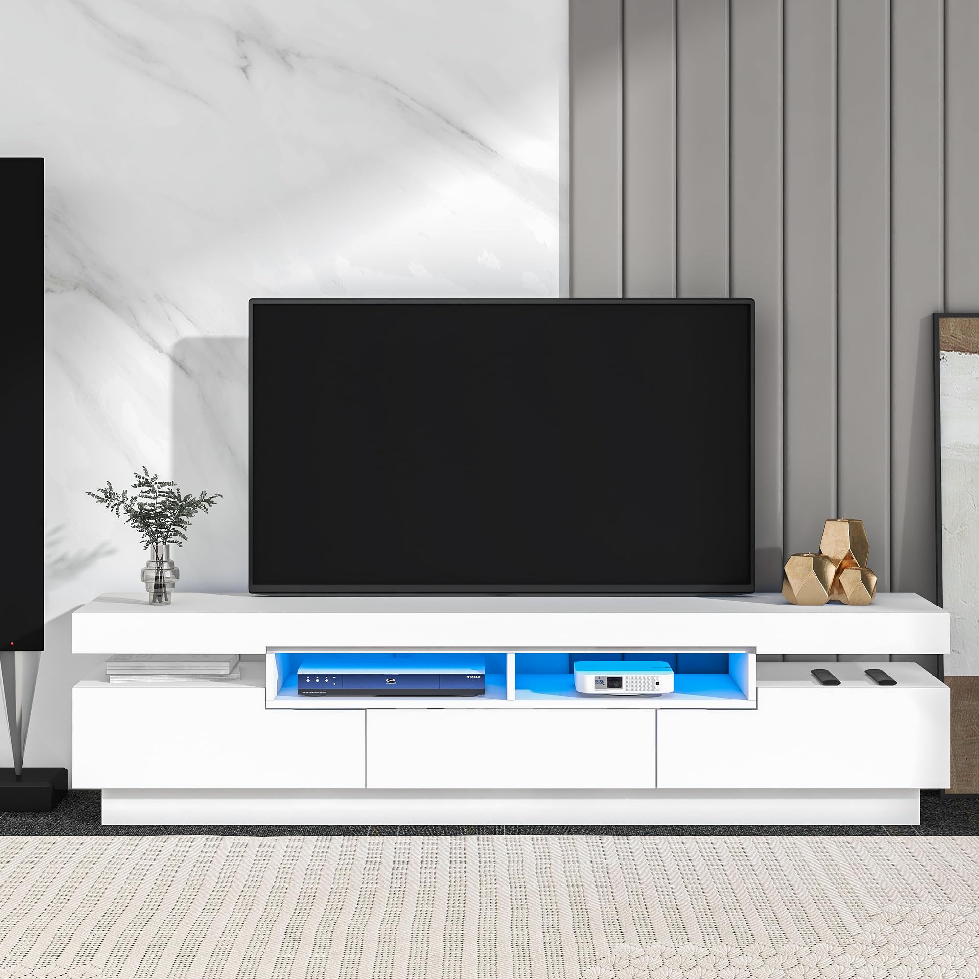 Lostcat TV Stand with 4 Open Shelves, 67 Inch Modern TV Console with LED Color Changing Lights for TVs up to 75", High Gloss Entertainment Center for Living Room, White - Lostcat