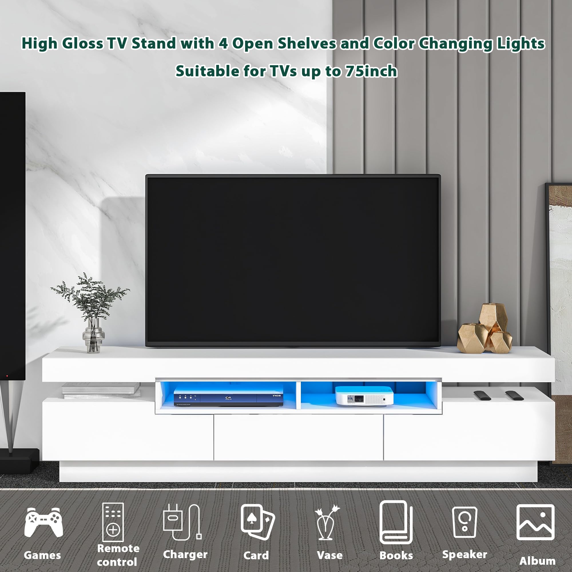 Lostcat TV Stand with 4 Open Shelves, 67 Inch Modern TV Console with LED Color Changing Lights for TVs up to 75", High Gloss Entertainment Center for Living Room, White - Lostcat