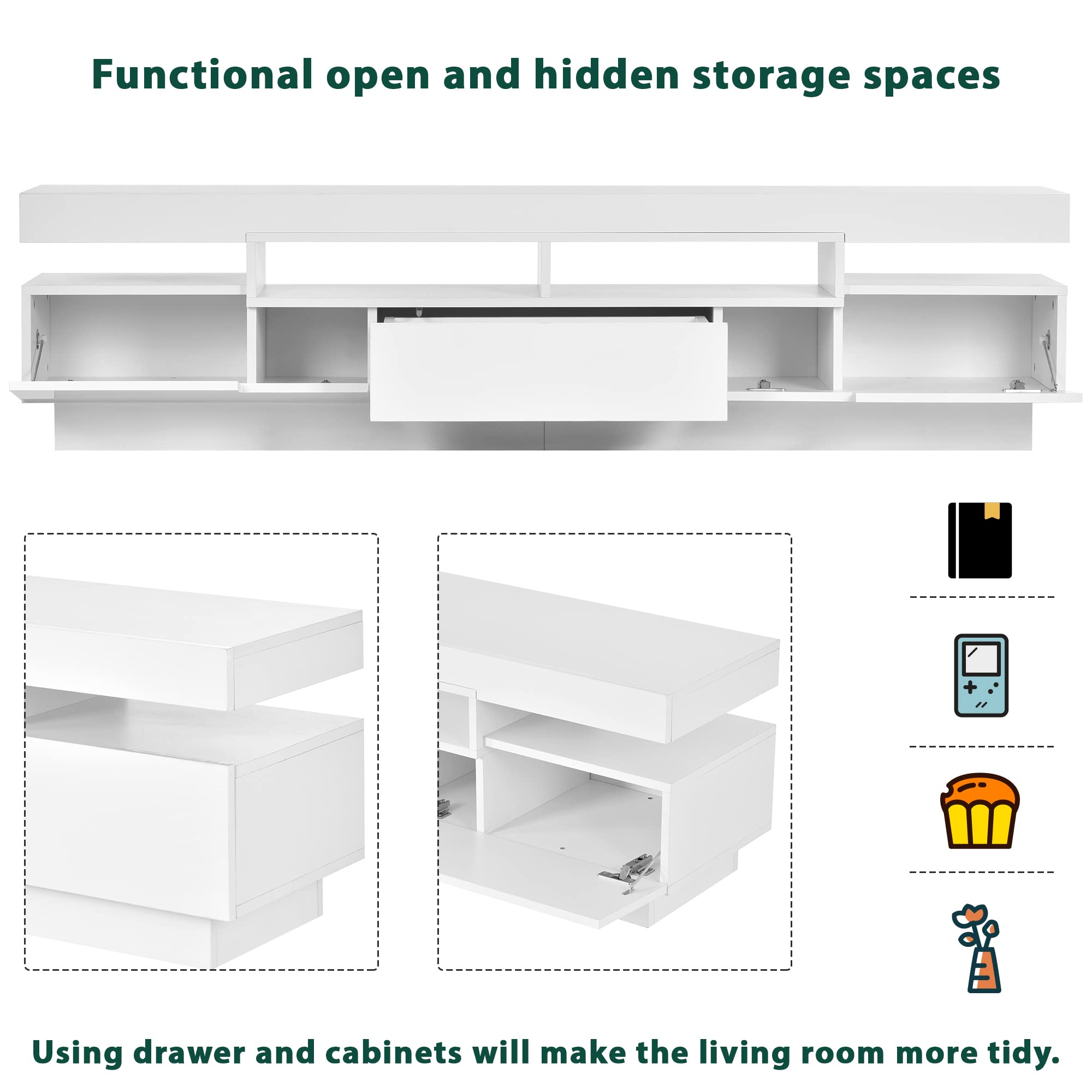 Lostcat TV Stand with 4 Open Shelves, 67 Inch Modern TV Console with LED Color Changing Lights for TVs up to 75", High Gloss Entertainment Center for Living Room, White - Lostcat