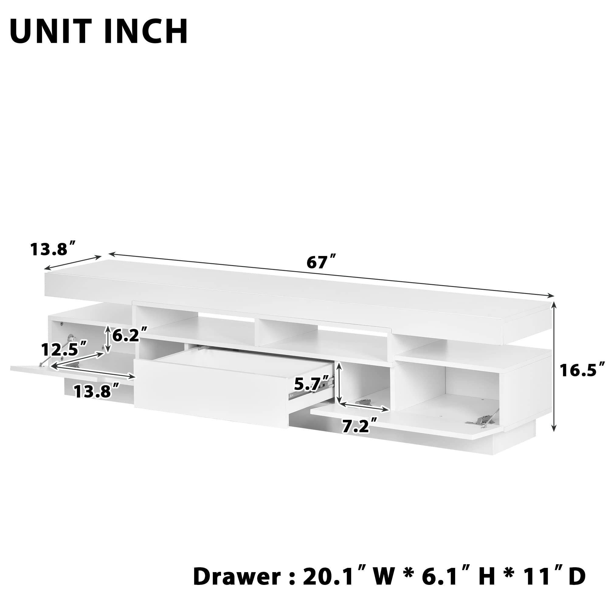 Lostcat TV Stand with 4 Open Shelves, 67 Inch Modern TV Console with LED Color Changing Lights for TVs up to 75", High Gloss Entertainment Center for Living Room, White - Lostcat