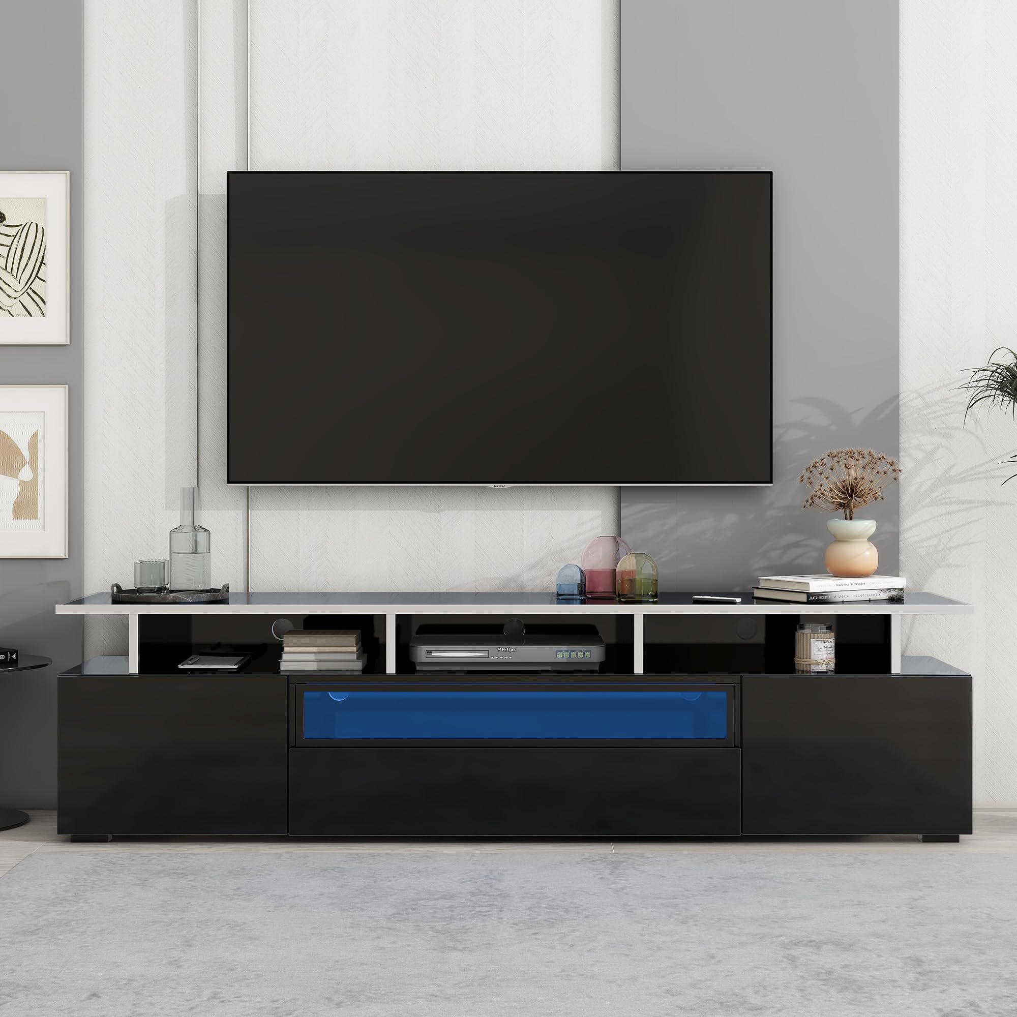 Lostcat TV Stand with LED Color Changing Lights, Modern TV Console with Push to Open Door and Acrylic Board for TVs Up to 80", UV High-Gloss Entertainment Center for Living Room, Black - Lostcat