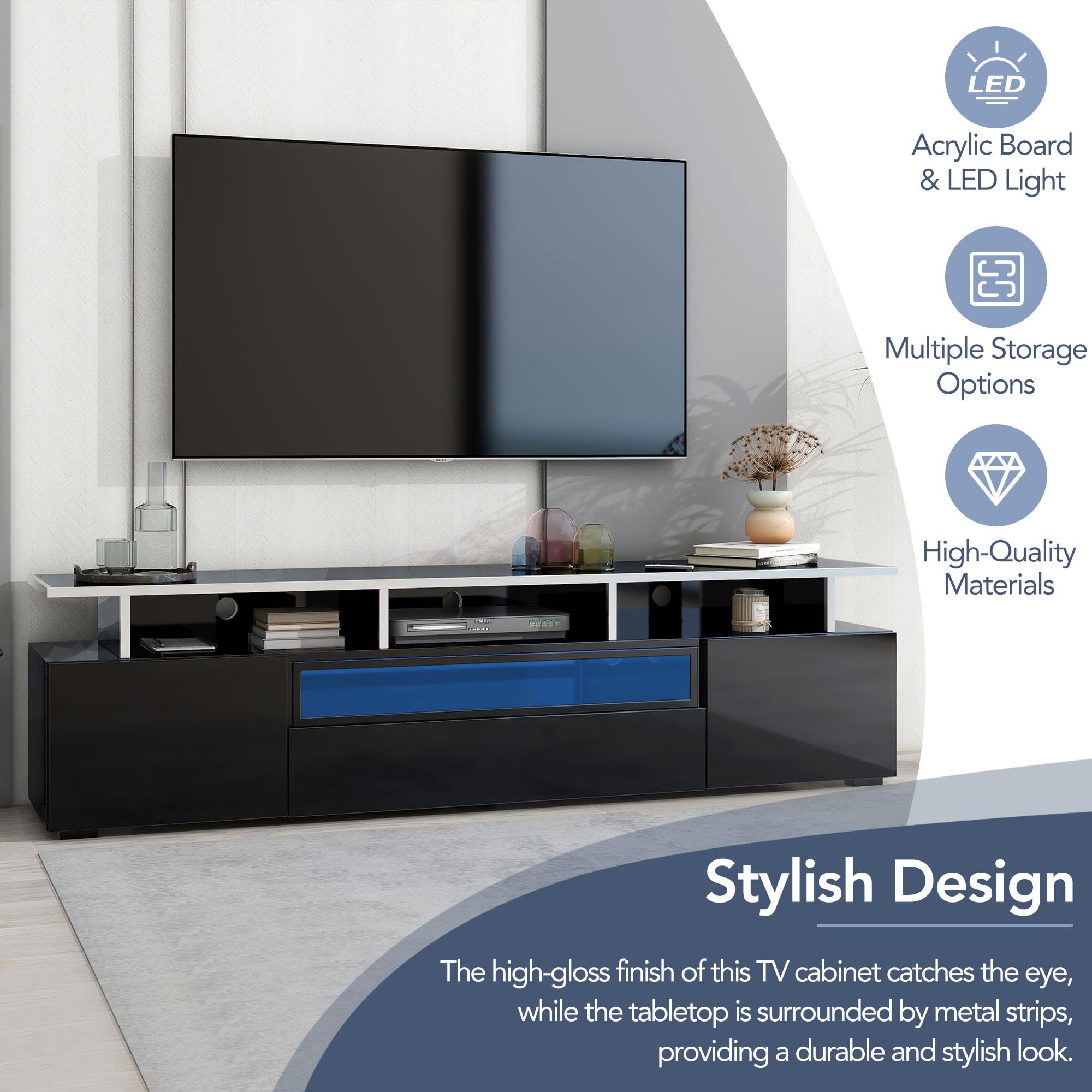 Lostcat TV Stand with LED Color Changing Lights, Modern TV Console with Push to Open Door and Acrylic Board for TVs Up to 80", UV High-Gloss Entertainment Center for Living Room, Black - Lostcat