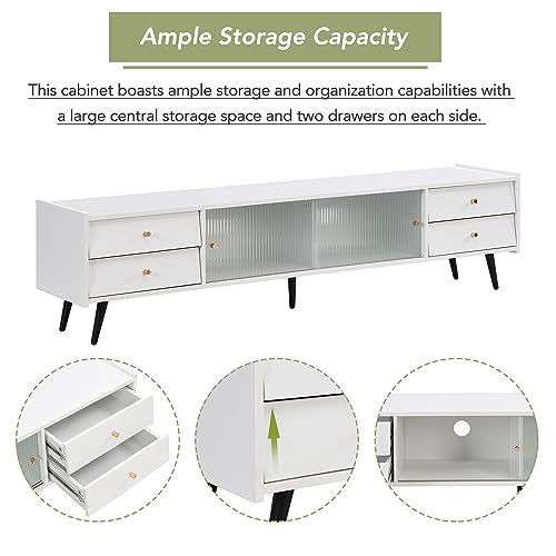 Lostcat TV Stand with Slanted Drawers, Contemporary TV Console with Sliding Fluted Glass Doors for for TVs Up to 70", Elegant Entertainment Center with Golden Metal Handles for Living Room, White - Lostcat