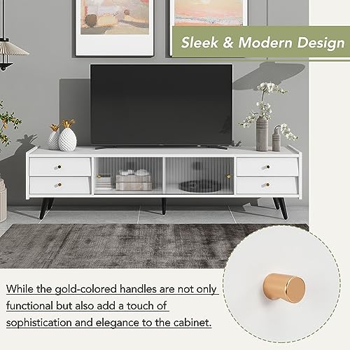 Lostcat TV Stand with Slanted Drawers, Contemporary TV Console with Sliding Fluted Glass Doors for for TVs Up to 70", Elegant Entertainment Center with Golden Metal Handles for Living Room, White - Lostcat