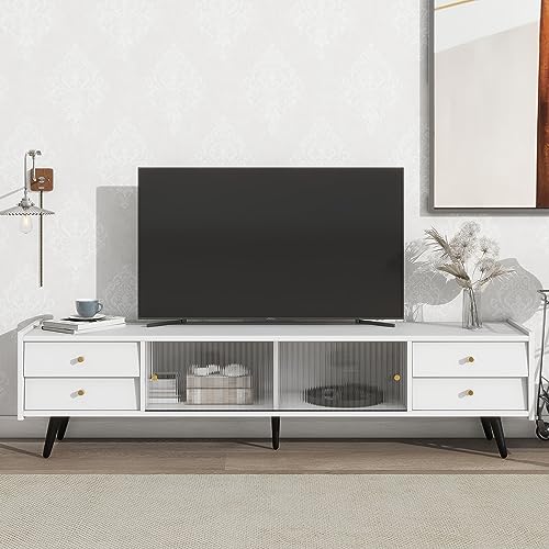 Lostcat TV Stand with Slanted Drawers, Contemporary TV Console with Sliding Fluted Glass Doors for for TVs Up to 70", Elegant Entertainment Center with Golden Metal Handles for Living Room, White - Lostcat