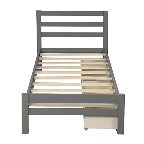 Lostcat Twin Bed Frame with Storage and Headboard,Wood Slats Support,Solid Pinewood Bedframe, No Box Spring Needed,for Boys/Girls/Adult Bedroom,Grey - Lostcat